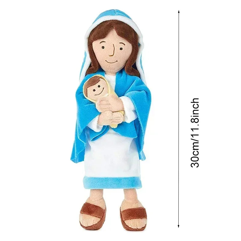 A plush doll set depicting Jesus and the Virgin Mary, dressed in blue and white robes.