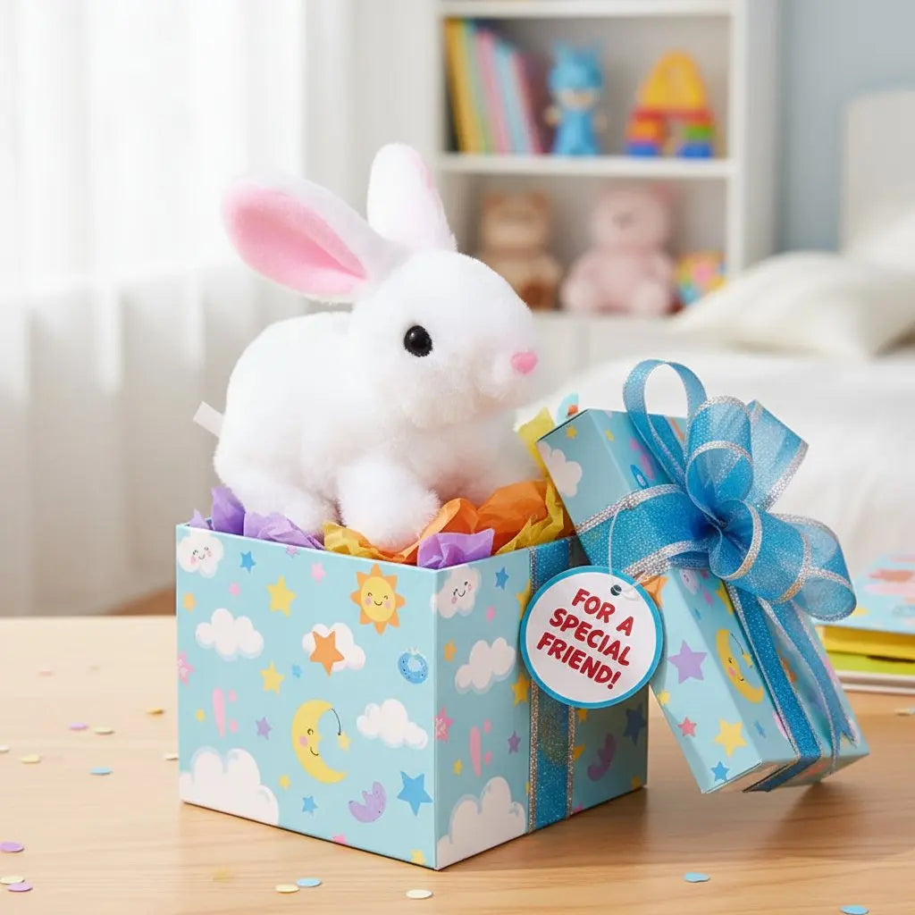 A white rabbit plush toy is sitting in a blue gift box decorated with clouds and stars.