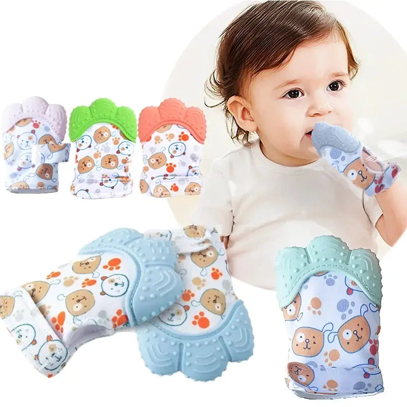 A baby is shown holding and using soft, colorful cartoon silicone teething mittens for soothing gums.