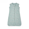 A light blue sleeveless cotton baby sleeping bag with a repeating pattern of small white birds.