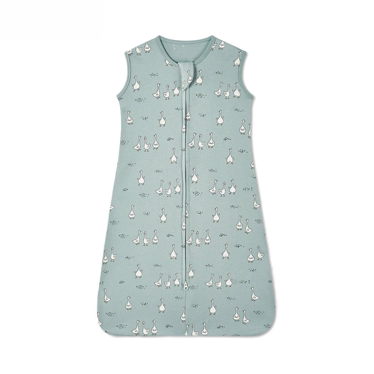 A light blue sleeveless cotton baby sleeping bag with a repeating pattern of small white birds.