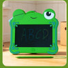 A green frog-shaped LCD drawing tablet with the letters ABCD written on the screen, resting on a wooden surface.