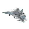 A detailed model of a military fighter jet, likely an F-14 Tomcat or similar aircraft, painted in gray and black camouflage.