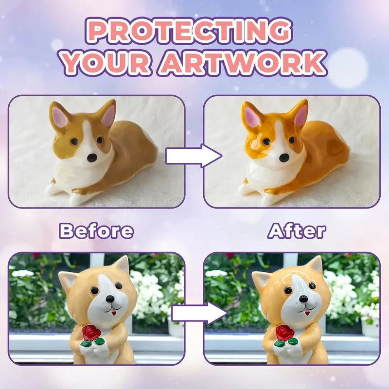 Before and after comparison of an artwork protected by a Super Gloss Air-Dry Clay Varnish with Brush