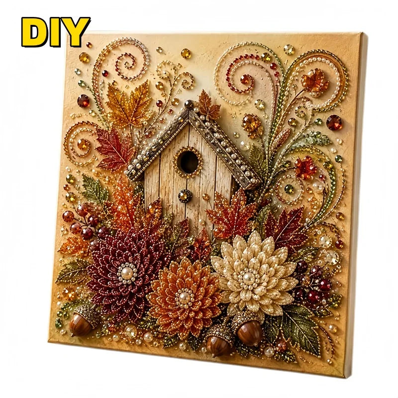 A DIY painting kit featuring a 3D fall harvest wall art piece with textured leaves and pearls.