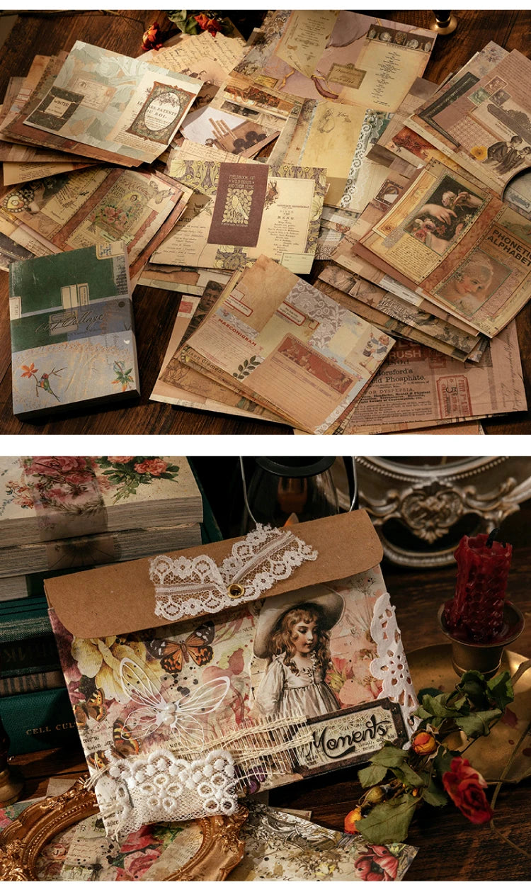 A stack of vintage scrapbook paper sheets featuring floral and botanical designs, lace accents, and a portrait of a woman.