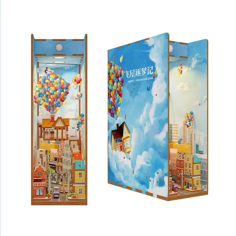 A DIY book nook kit featuring a cityscape scene with buildings and colorful balloons under LED lighting.