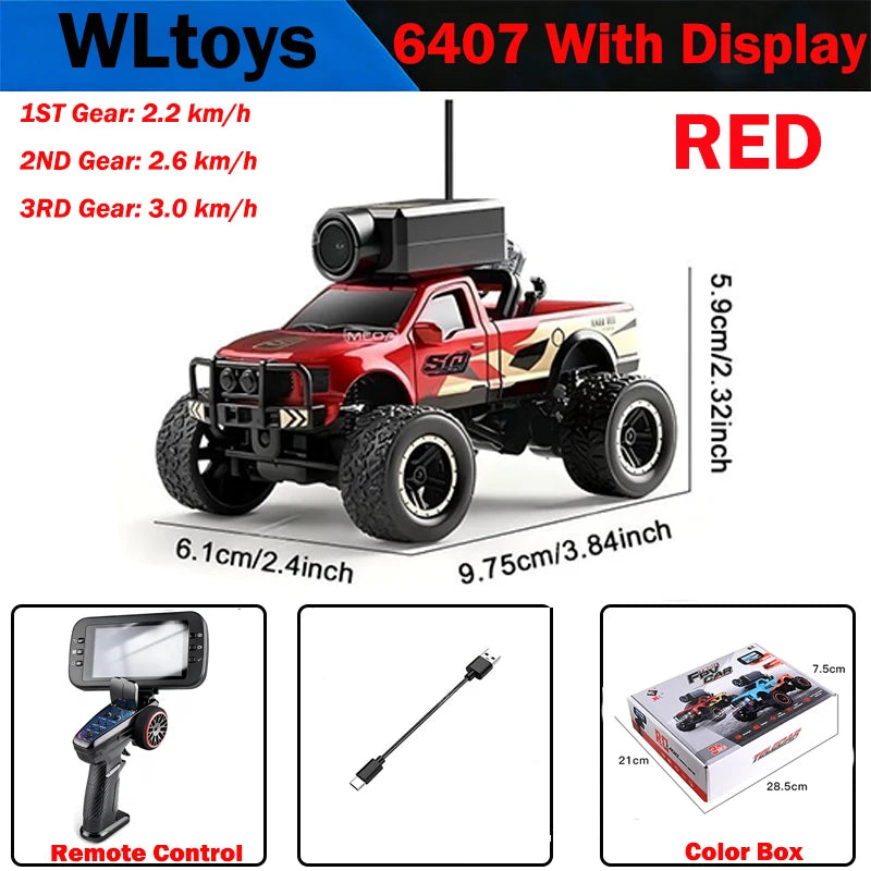 Red WLtoys 6407 RC monster truck with display and FPV camera components