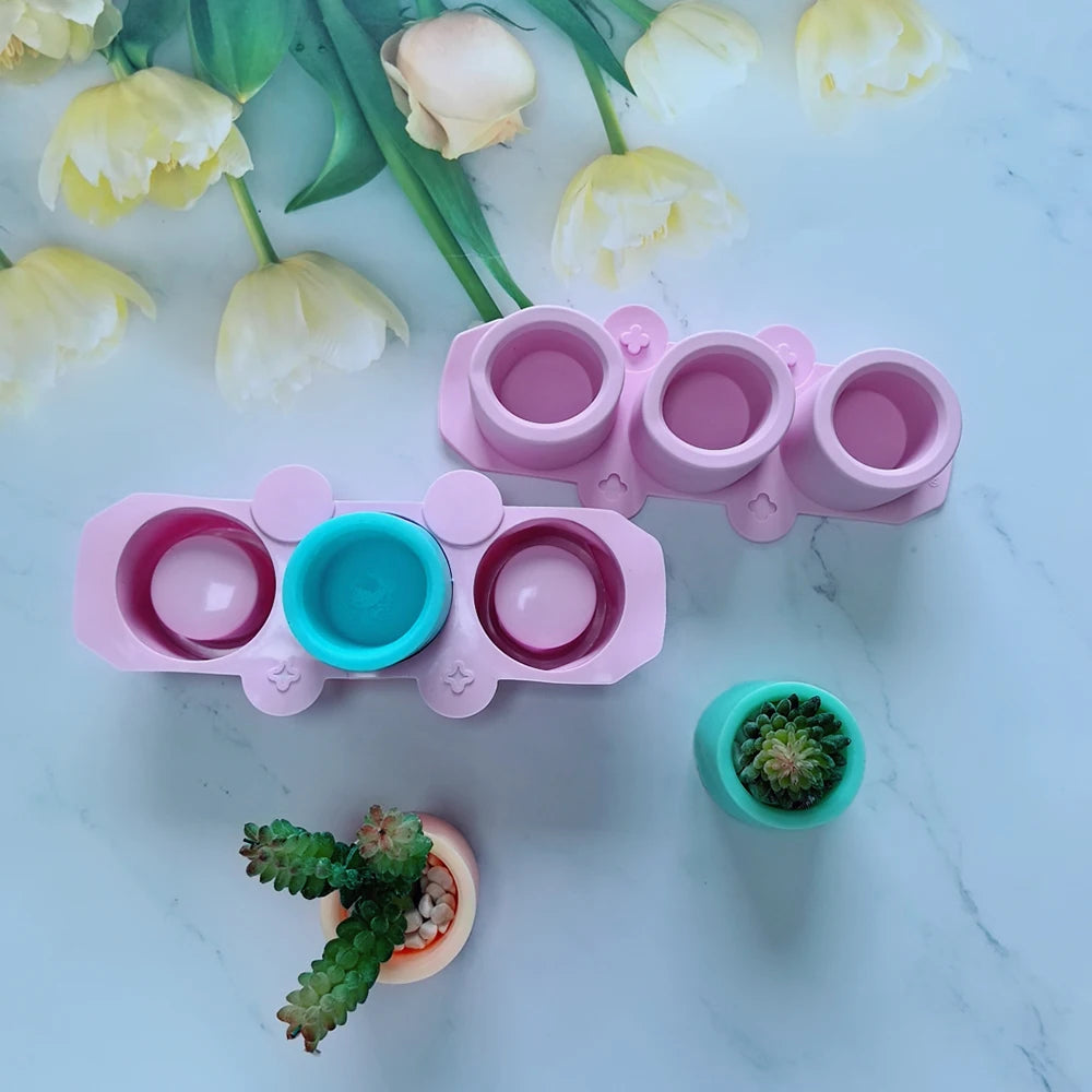 A pink silicone mold with multiple depressions is shown next to a small green succulent plant.