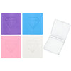 Four colored clay diamonds are shown, including purple, blue, pink, and white, with one open clear plastic box.