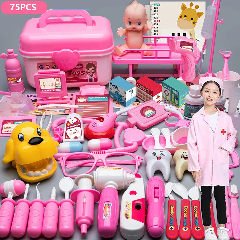 A pink kids doctor pretend play set featuring various electronic medical tools and accessories for role-playing.