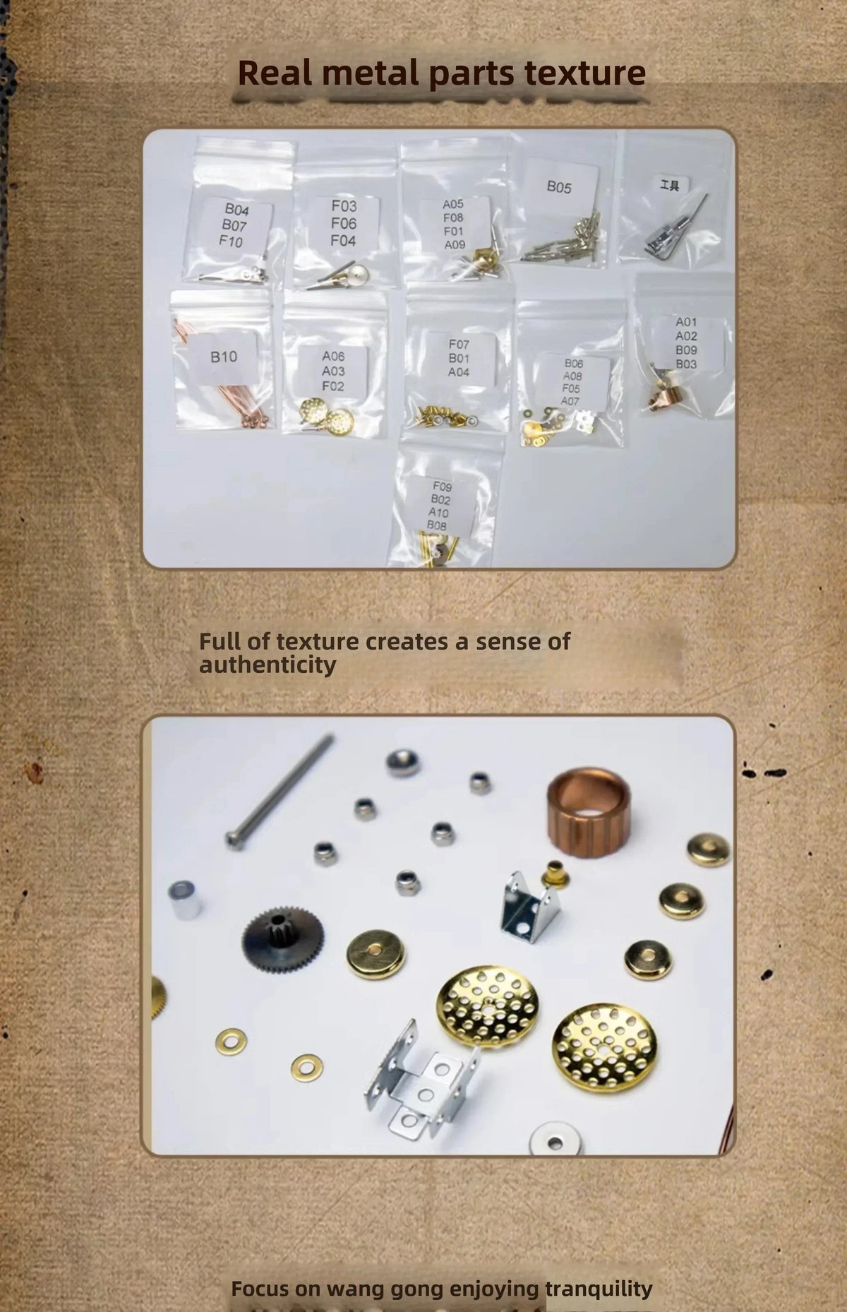 A collection of small metal parts and components used to create a texture for a steampunk puzzle assembly kit