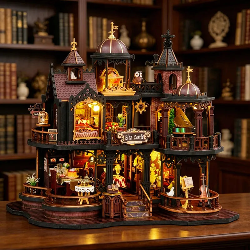 A detailed wooden miniature castle dollhouse kit featuring architecture, furniture, and illuminated elements.