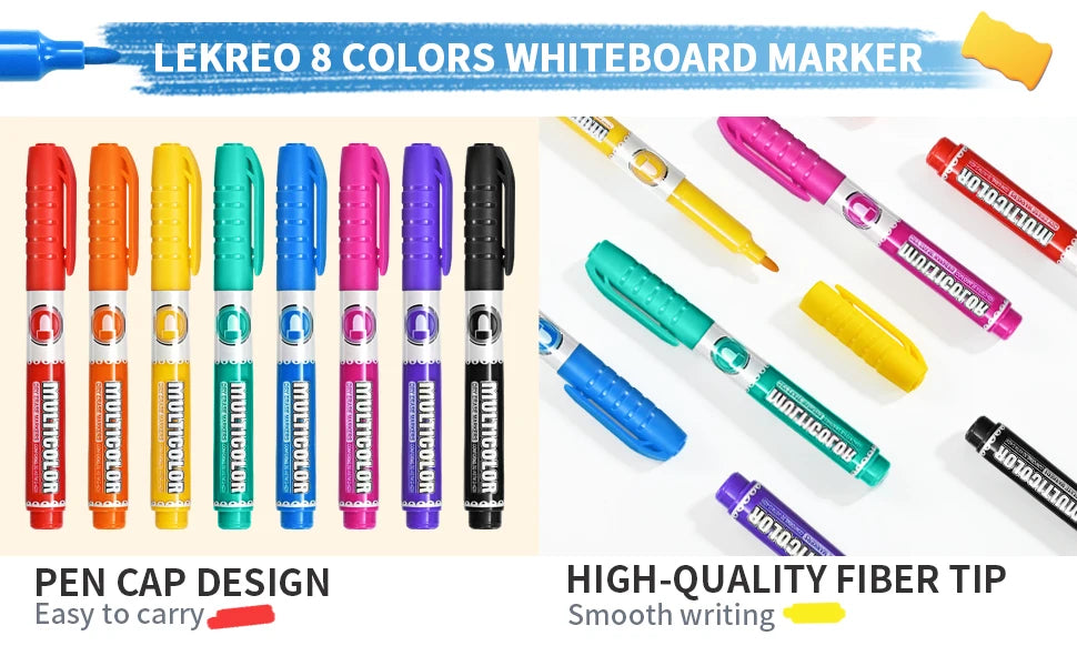 A variety of Lekreo 8 colors whiteboard markers displayed in a row, highlighting the pen cap design and high-quality fiber ti