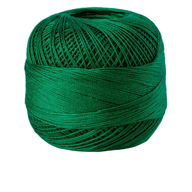 A ball of dark green 100% cotton crochet thread used for tatting and embroidery.