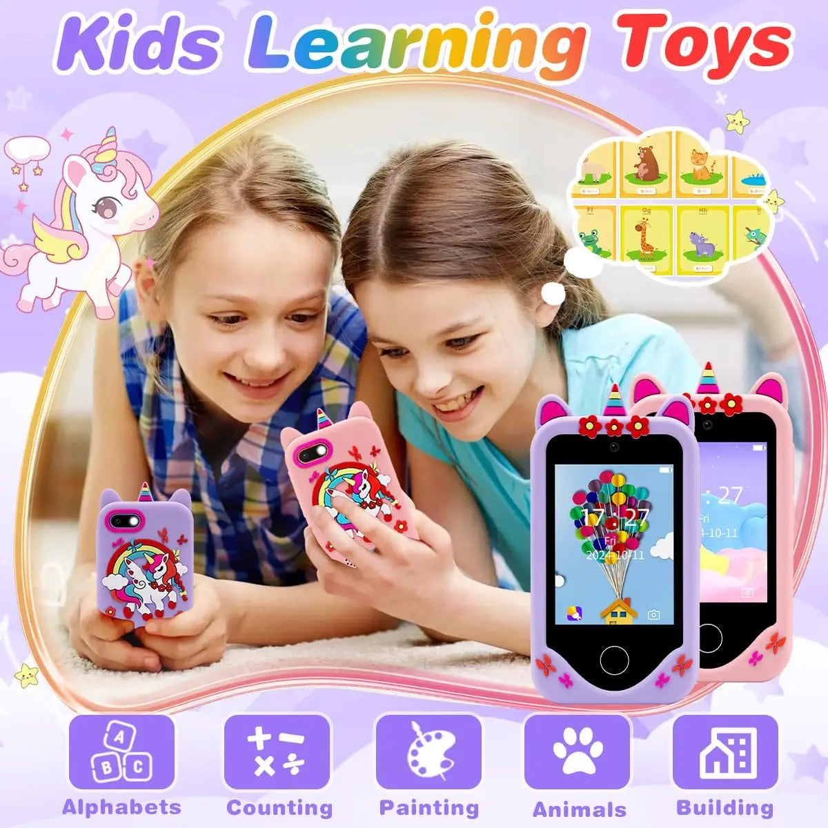 A set of kids learning toys featuring smart touchscreen phones with various educational games and features.