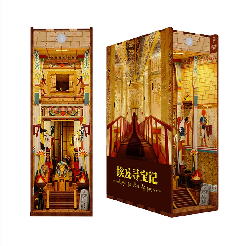 A wooden DIY book nook kit featuring an elaborate historical interior with LED lighting and a dust cover.
