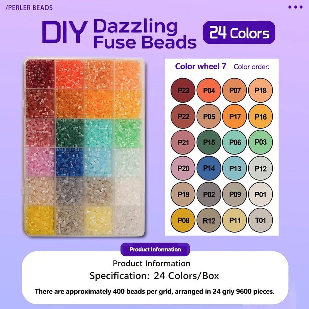 A box of 9600-piece fuse beads featuring 24 colors arranged in a grid for DIY craft projects.