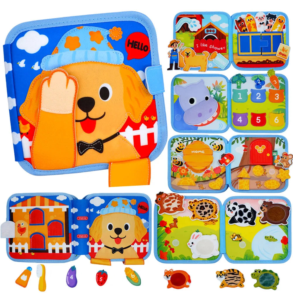 A felt busy board activity book featuring various animal and themed scenes for toddlers.