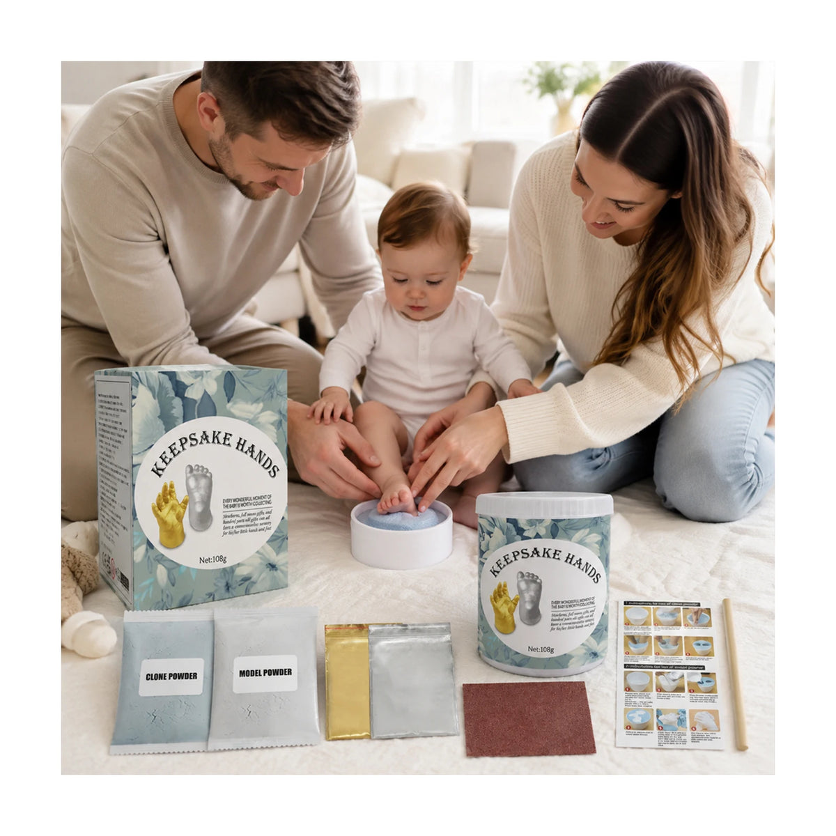 A family is shown using a 3D hand casting kit for baby footprints and couple keepsakes, with various molds and materials laid