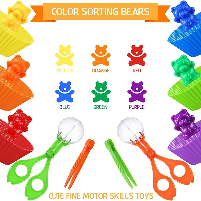 Color sorting bears with matching cups and tweezers for fine motor skills development
