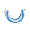A white and blue striped U-shaped inflatable pool float for adults.