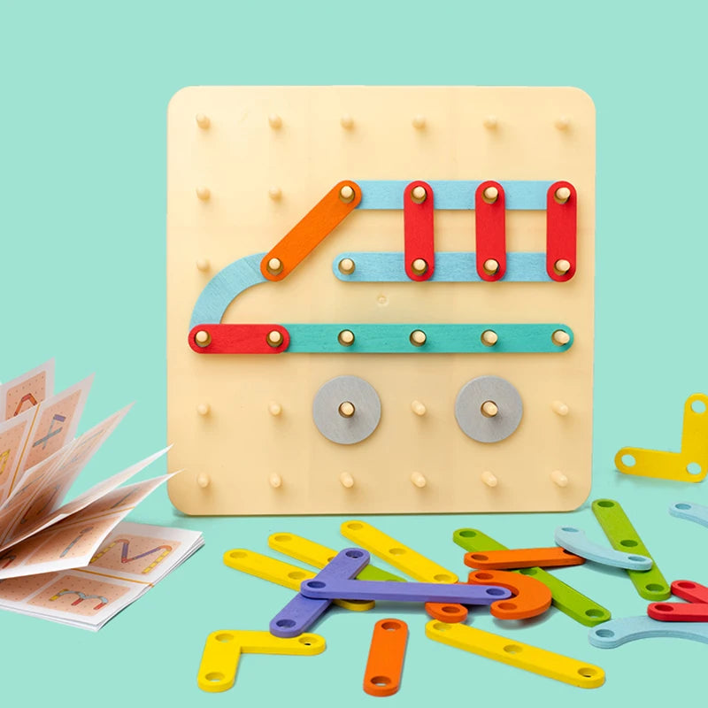 A wooden Montessori pegboard puzzle set with colorful wooden pegs and a light yellow background.