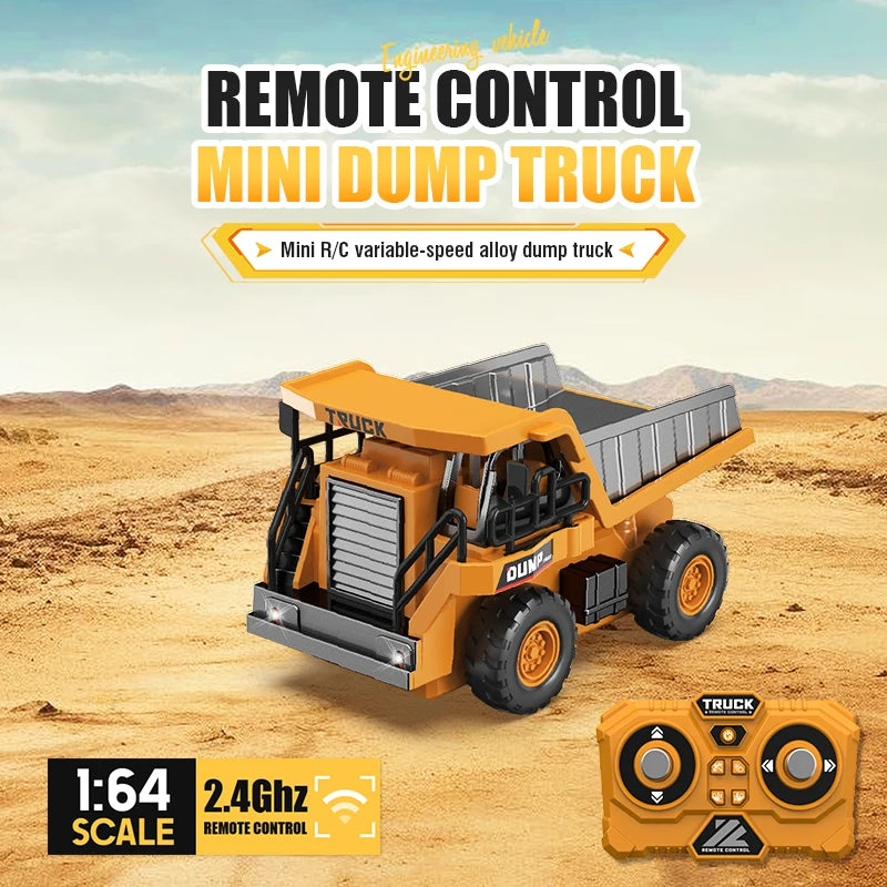 An orange mini dump truck RC vehicle is shown on a sandy terrain with its remote control transmitter.