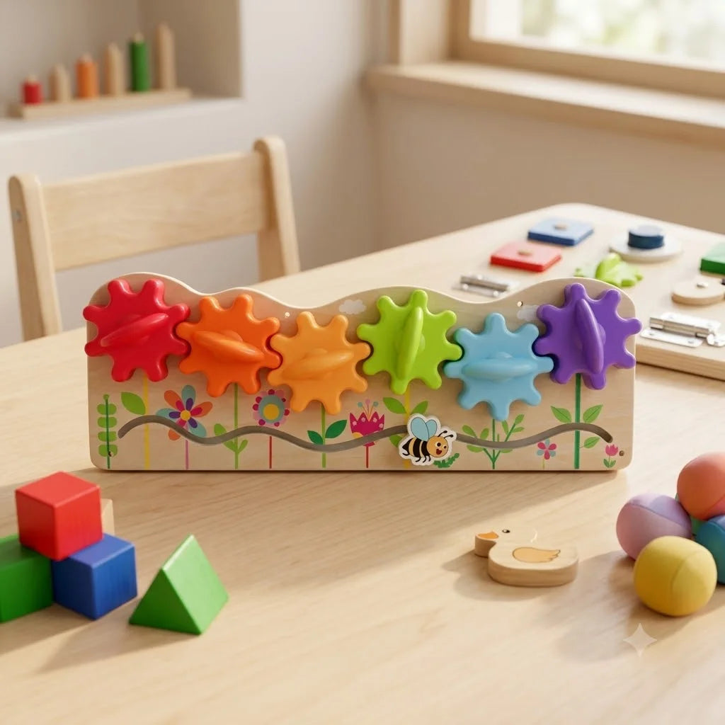 A wooden Montessori busy board for toddlers featuring colorful gears, switches, and sensory elements on a light wood table.