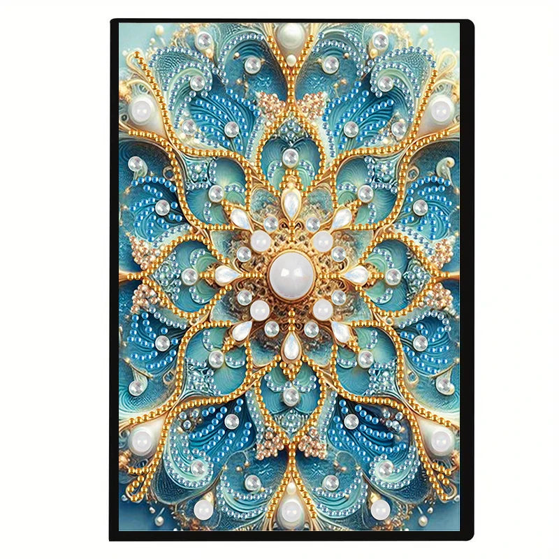 A detailed illustration of a blue and gold floral design suitable for a DIY diamond art notebook.