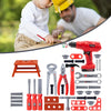 A collection of red and black pretend play tools including drills, hammers, wrenches, and various plastic components.