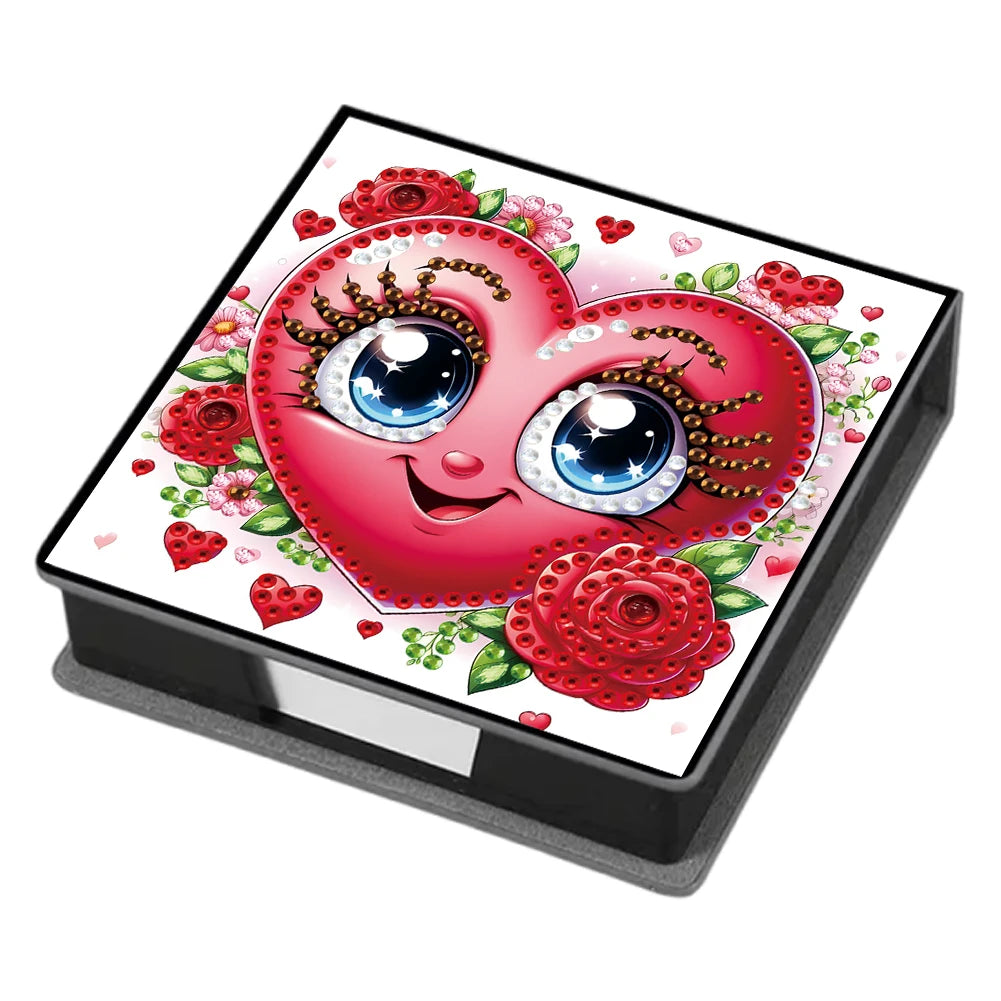 A leather diamond painting kit box featuring a heart design with sparkling eyes and red roses.