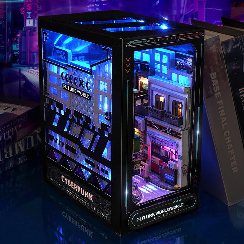 A box set of cyberpunk miniature books featuring illuminated scenes and futuristic cityscapes.