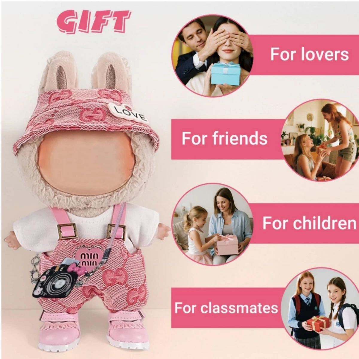 17cm Labubu Doll Clothing Set – Striped Overalls, Vest, and Hat