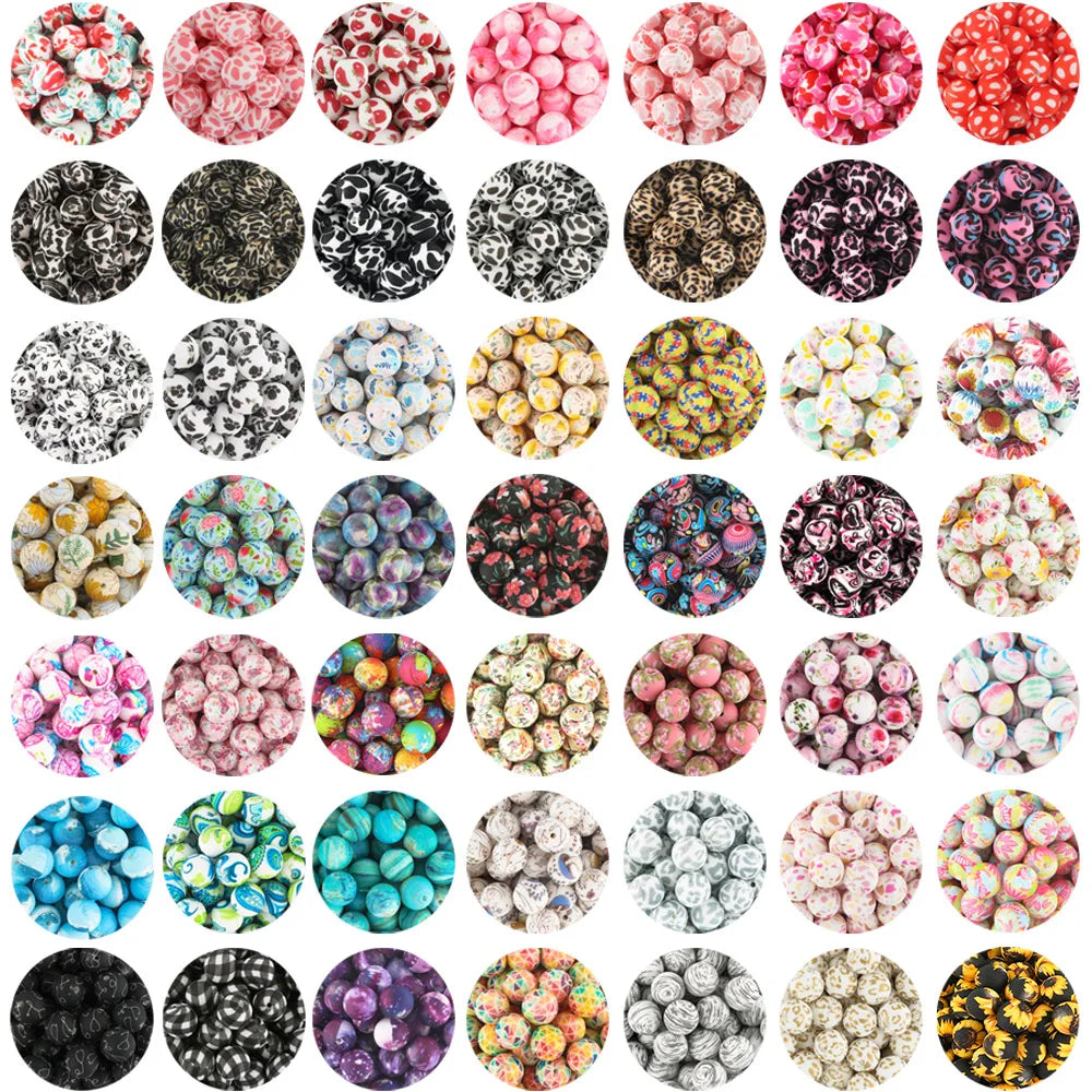 A grid of colorful and black printable silicone beads for jewelry making in various round shapes and patterns.