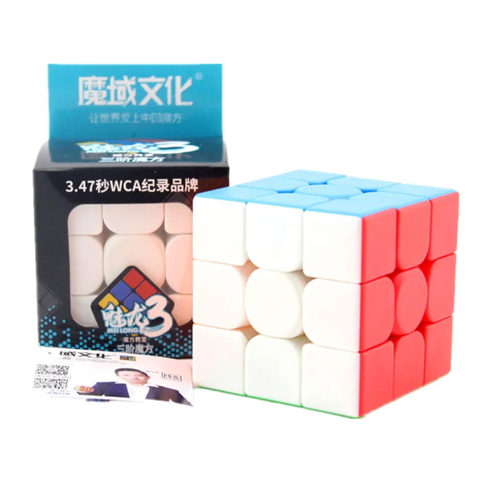 A set of stickerless 3x3 magic cube puzzles in white, blue, and red colors.
