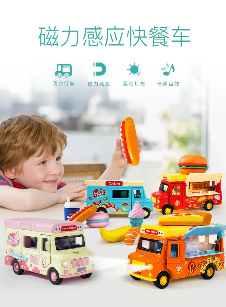 A collection of colorful 1:36 scale toy cars shaped like burgers, featuring lights and sound effects.