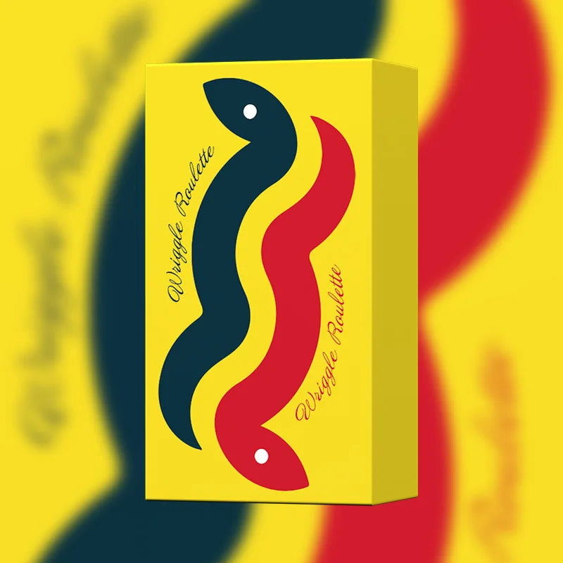 A yellow box featuring a stylized black and red silhouette of a wriggle roulette design.