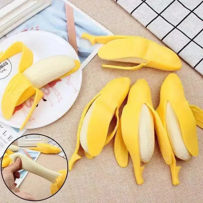 Yellow fruit squishy stress relief fidget toy with a white inner core shown in various forms