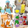 A set of kids' chef aprons and hats shown on children cooking and playing in a kitchen setting.