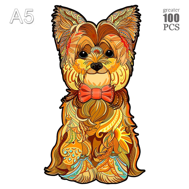 A detailed illustration of a puppy dog face with golden fur and an orange bow, designed for a jigsaw puzzle.
