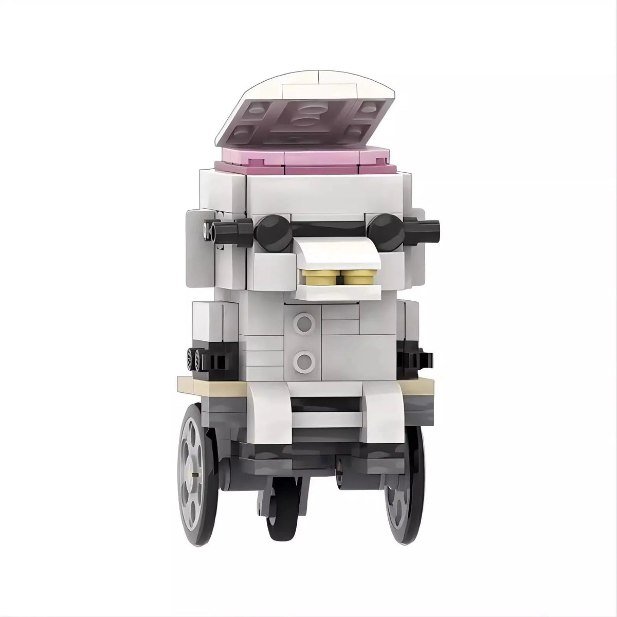 A LEGO building block set depicting a haunted house structure with a pink roof and white body.