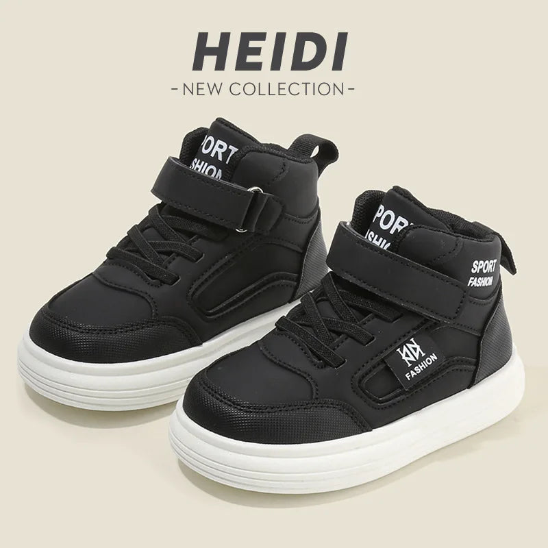 A pair of black kids' high-top sneakers with white soles and black velcro straps.