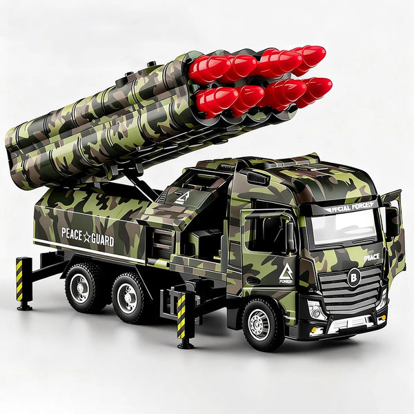 Spielzeug-Militär-Raketenlaster mit roten Raketen in Tarnmuster.