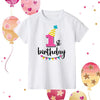 A white kids birthday number t-shirt featuring a pink and yellow first birthday design surrounded by colorful balloons.