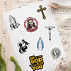 A pack of Christian faith stickers featuring Jesus, the crucifixion, and a 'May God Bless You' design on white paper.