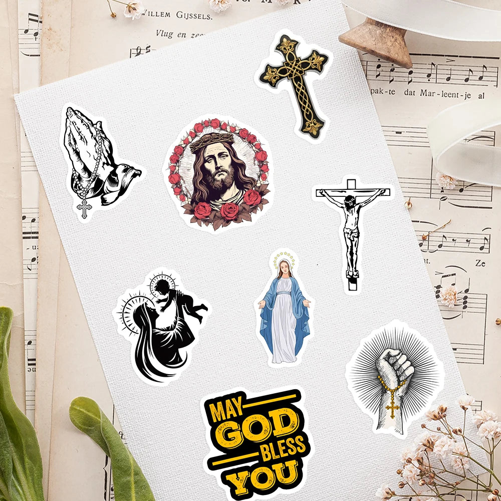 A pack of Christian faith stickers featuring Jesus, the crucifixion, and a 'May God Bless You' design on white paper.