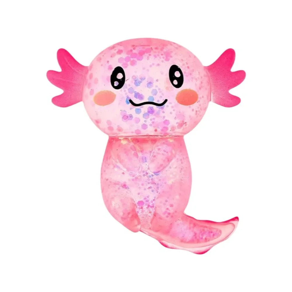 A pink squishy axolotl stress relief fidget toy with purple speckles.