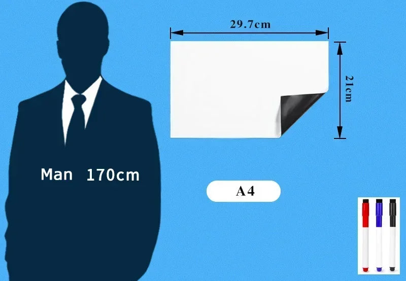 A diagram showing the dimensions of an A4 size magnetic dry erase board and a silhouette of a man.