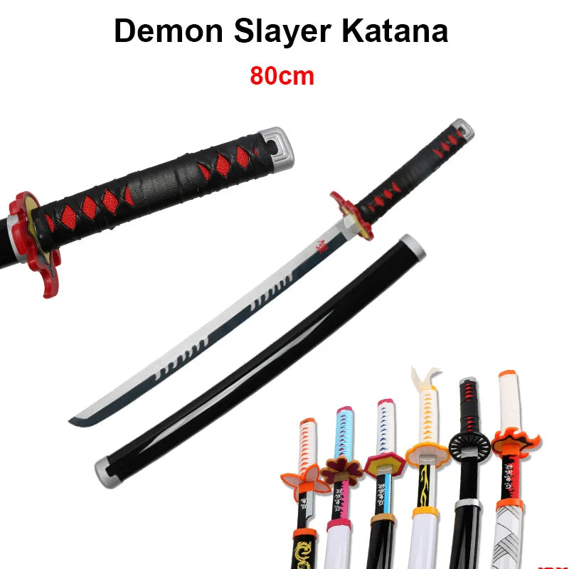 A Demon Slayer Katana replica sword with a black handle and silver blade shown alongside other similar swords.